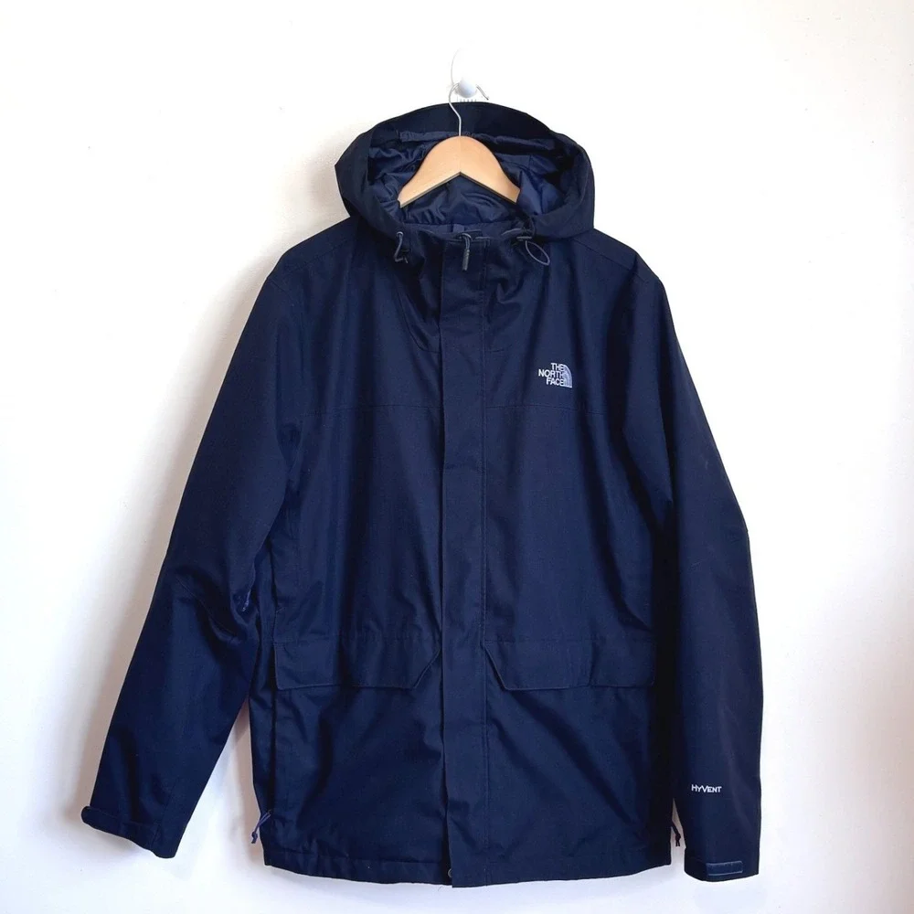 The North Face Mens HyVent Waterproof Hooded Rain Jacket Large Navy Blue Outdoor